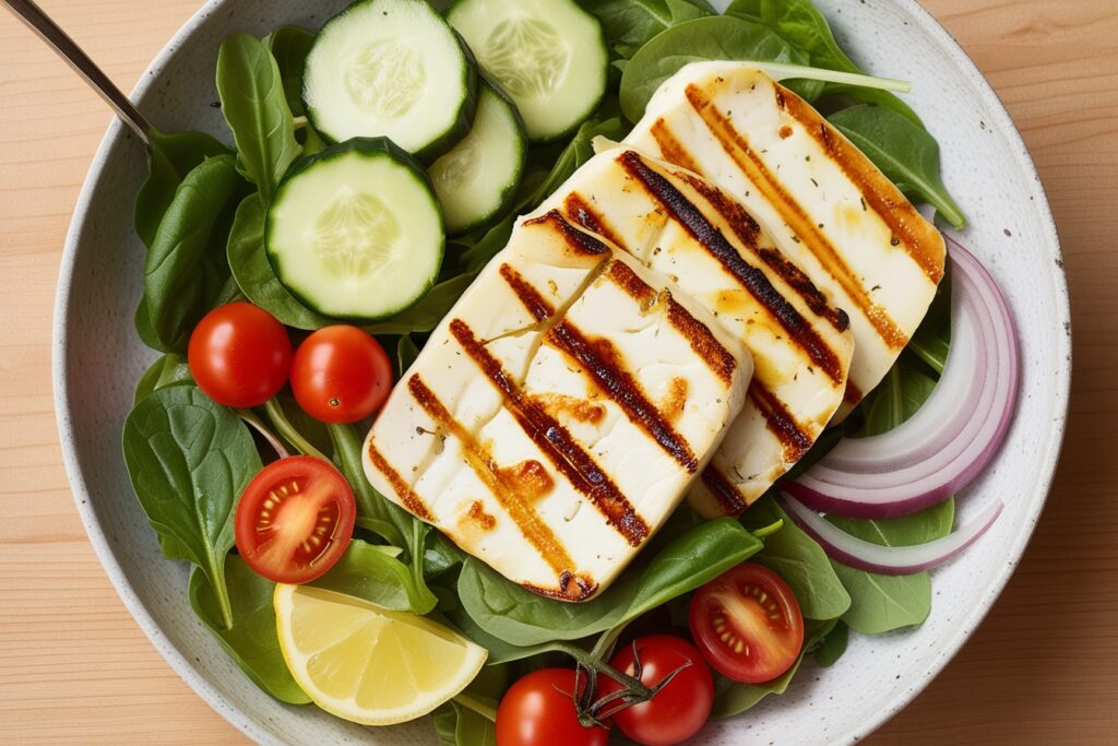 Grilled Halloumi Salad with Fresh Greens