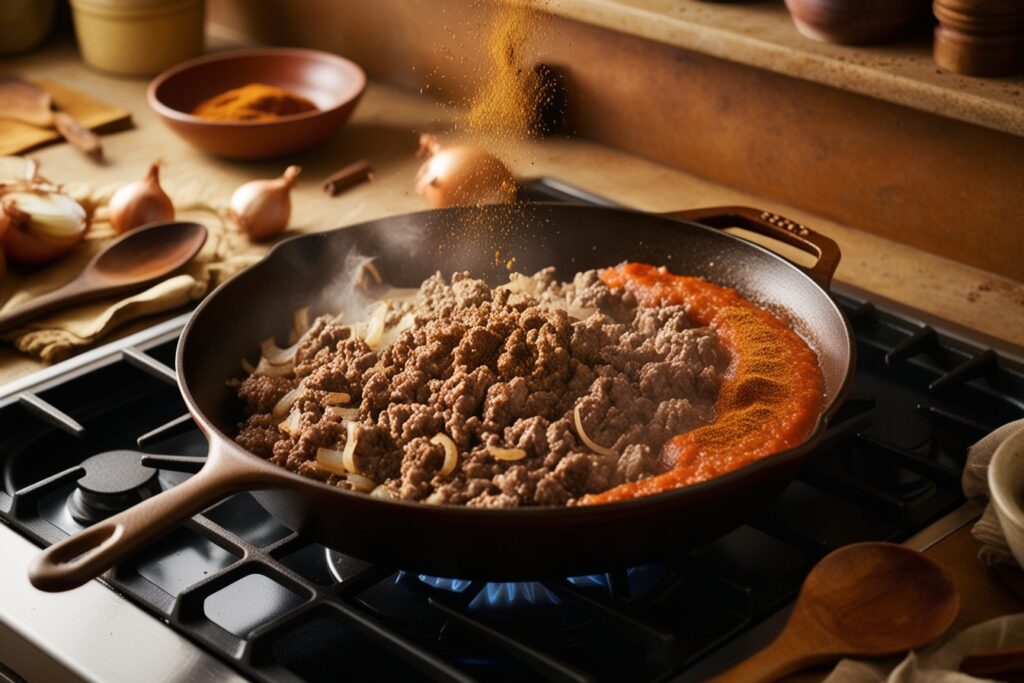 Local Flavor: Cook the ground meat with onions