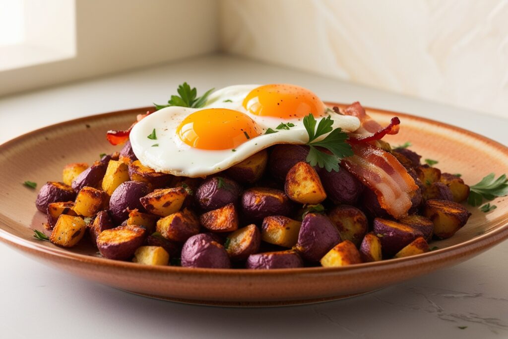 Purple Potato Hash with Eggs