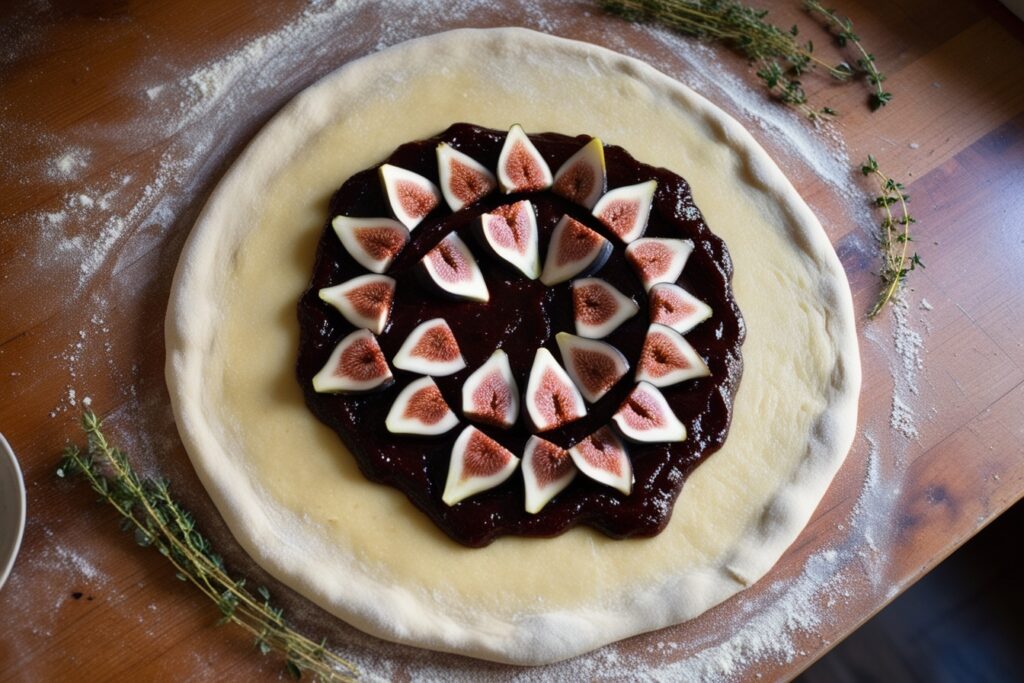 Spread fig jam or layer sliced figs over the pizza dough