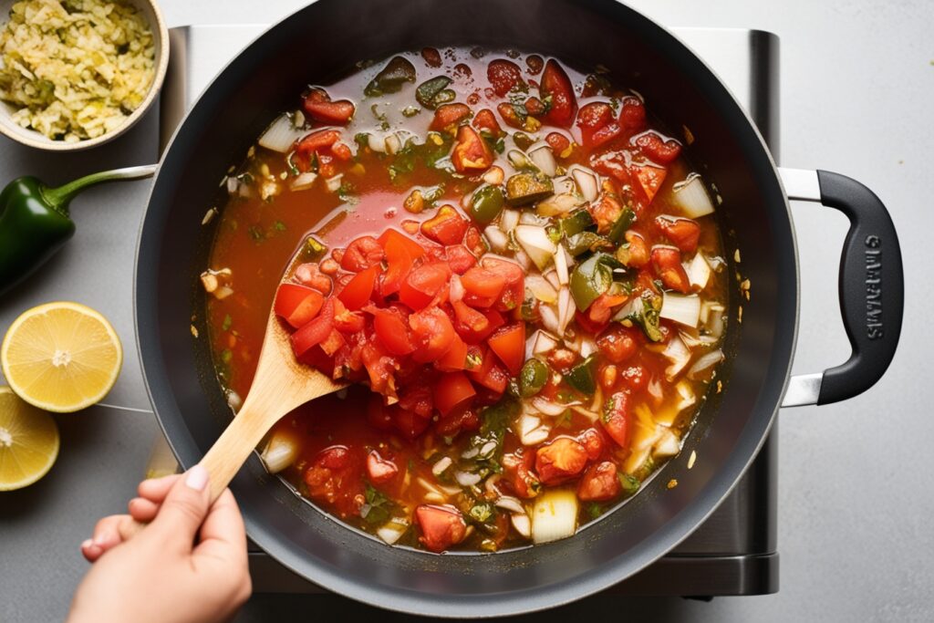 Add the tomatoes and broth