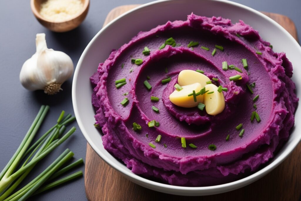 Mashed Purple Potatoes with Garlic and Chives