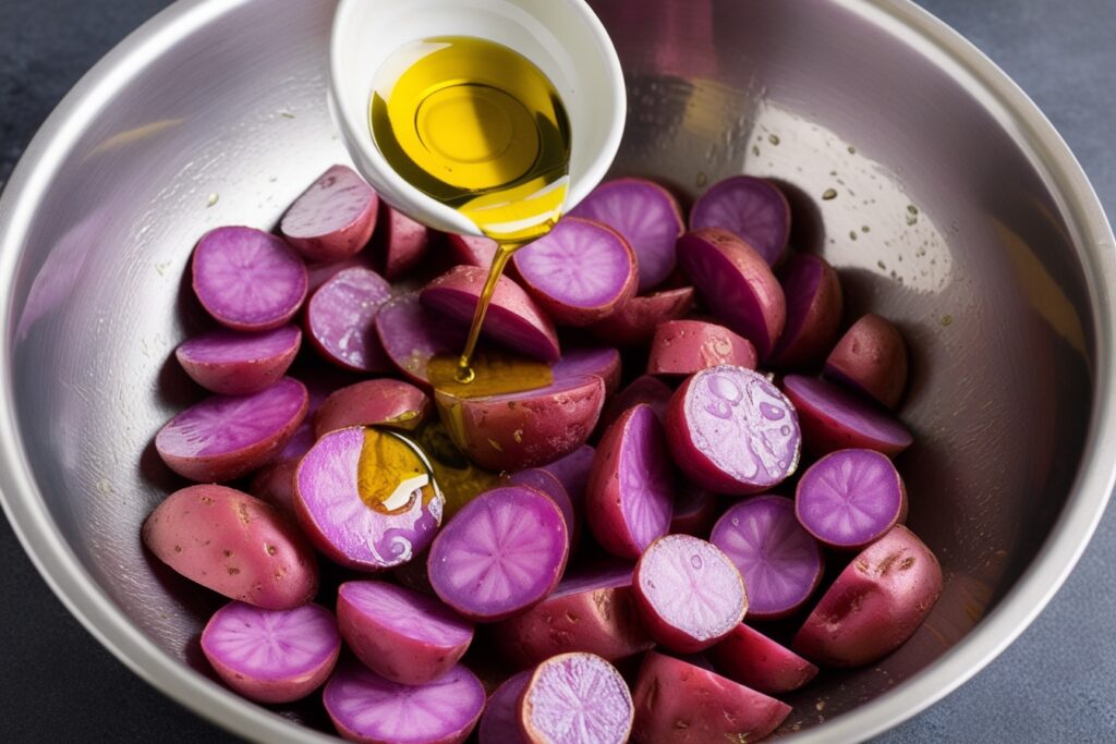 Toss the potato slices with olive oil 