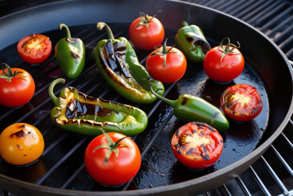 Roast the spicy serrano peppers and tomatoes