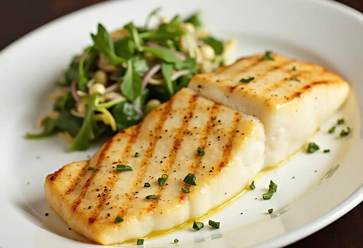 Deliciously grilled halibut fish served with a fresh side salad and lemon wedges.