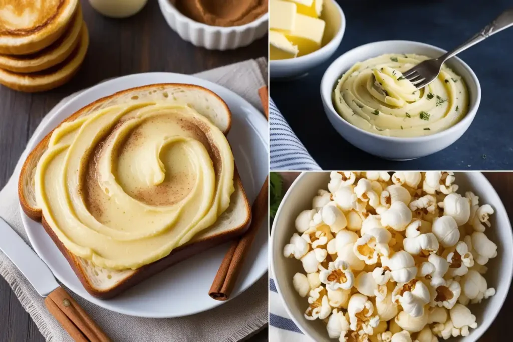 A variety of butter dishes including cinnamon butter, buttercream frosting, and butter chicken, showcasing the versatility of butter in cooking.