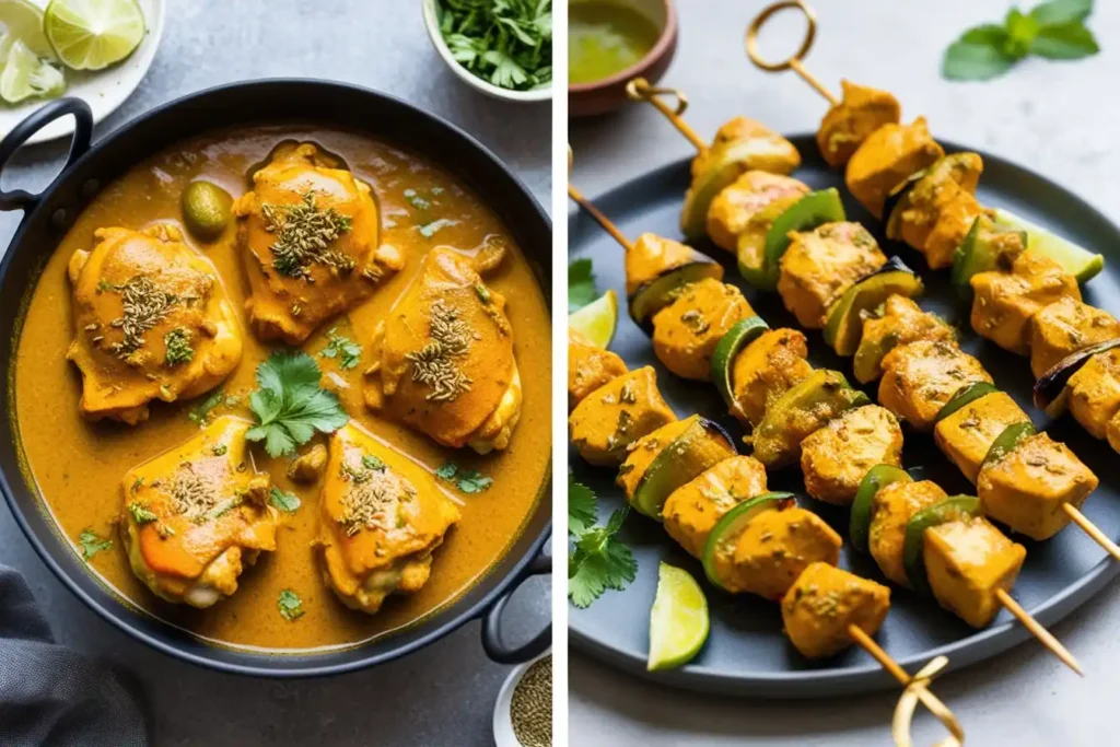 A collection of dishes featuring coriander seeds, including chicken curry, roasted vegetables, and falafel, highlighting the versatility of the spice.