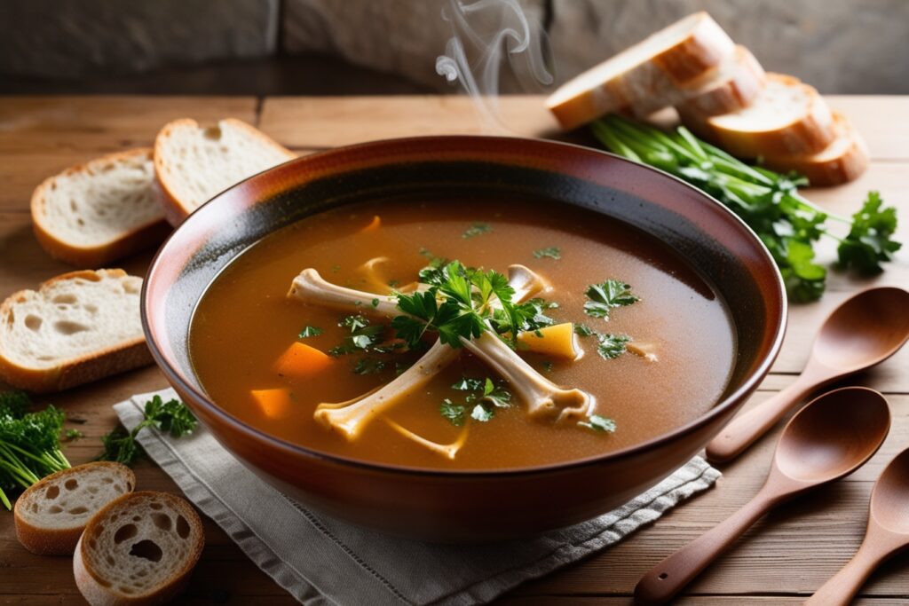 A hearty bowl of homemade soup bone broth garnished with fresh herbs and vegetables, showcasing rich color and texture.