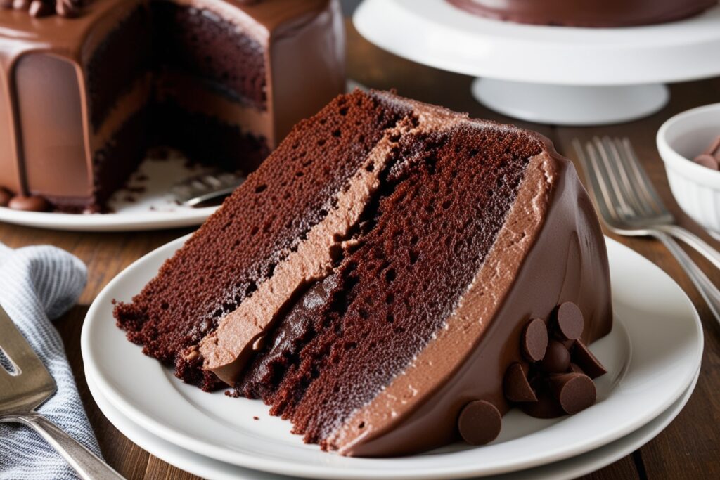 A rich and moist chocolate cake topped with creamy chocolate frosting, served on a white plate with a fork beside it.