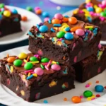 A plate of homemade Cosmic Brownies with colorful candy-coated chocolate sprinkles on top, showing a fudgy texture.