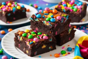 A plate of homemade Cosmic Brownies with colorful candy-coated chocolate sprinkles on top, showing a fudgy texture.