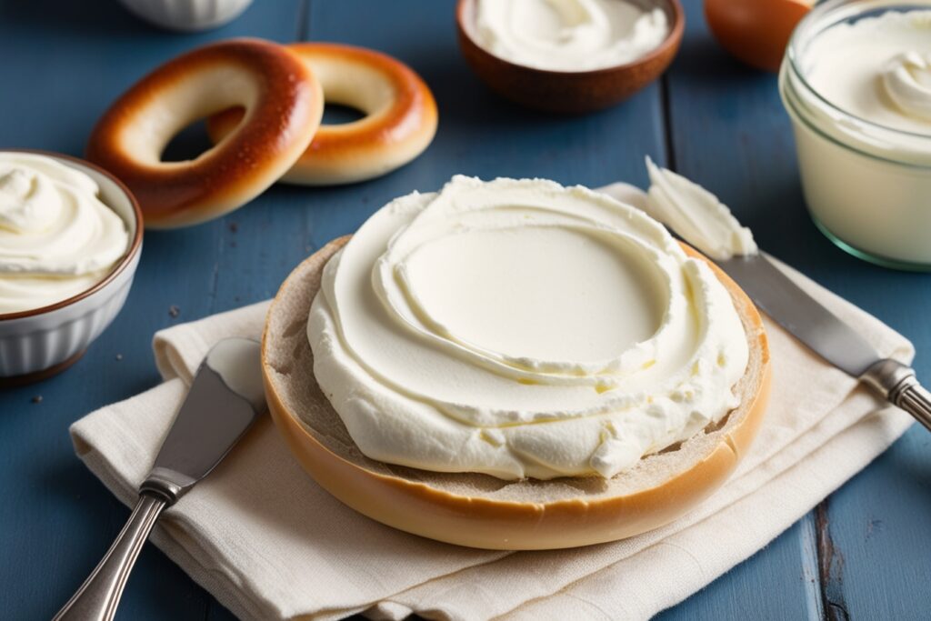 Homemade cream cheese spread on a bagel with fresh herbs and spices, showcasing the creamy texture and versatility of homemade cream cheese.