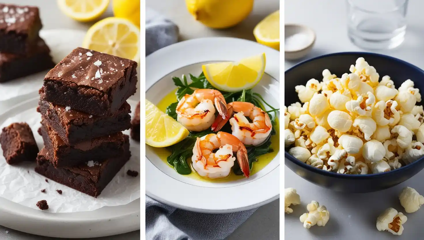 A variety of dishes showcasing the use of Maldon salt, including roasted vegetables, caramel sauce, and grilled shrimp.