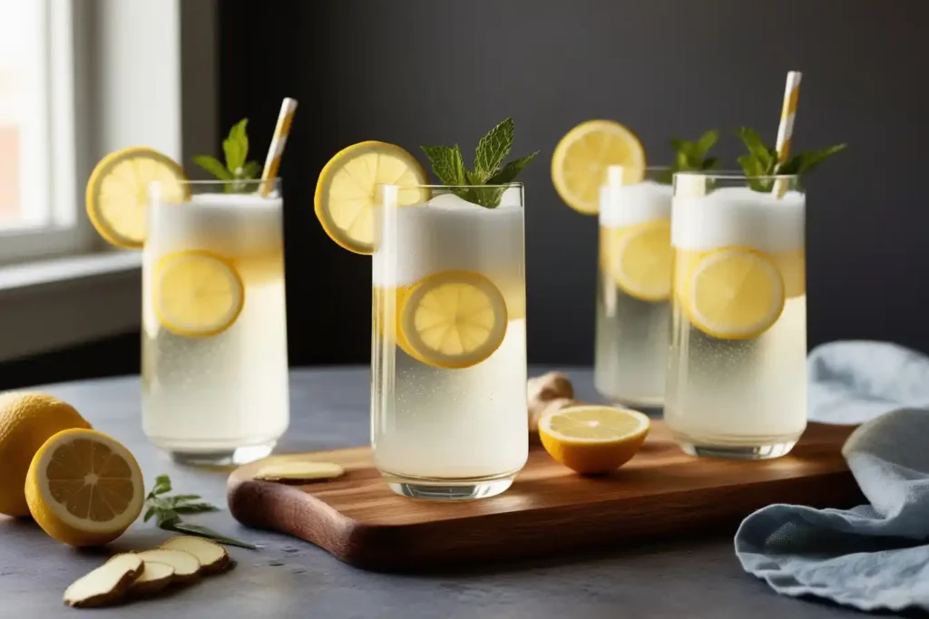 Homemade ginger ale in a glass with ice, garnished with lemon slices and fresh mint.