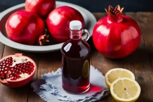 A glass bottle of vibrant red homemade grenadine syrup with fresh pomegranate and a small bowl of sugar on the side.