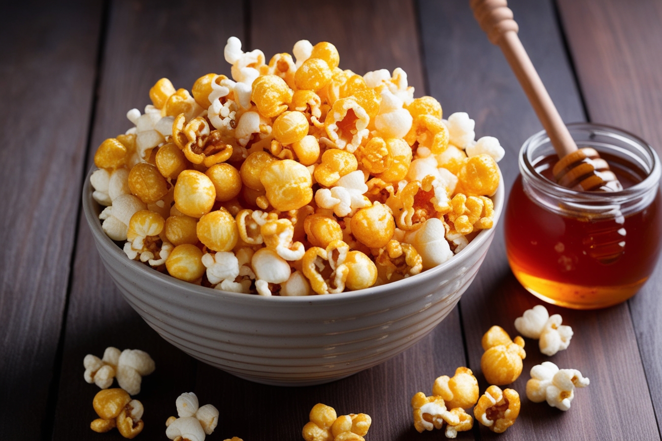 Homemade honey popcorn drizzled with honey, sprinkled with sea salt, and garnished with chopped nuts.