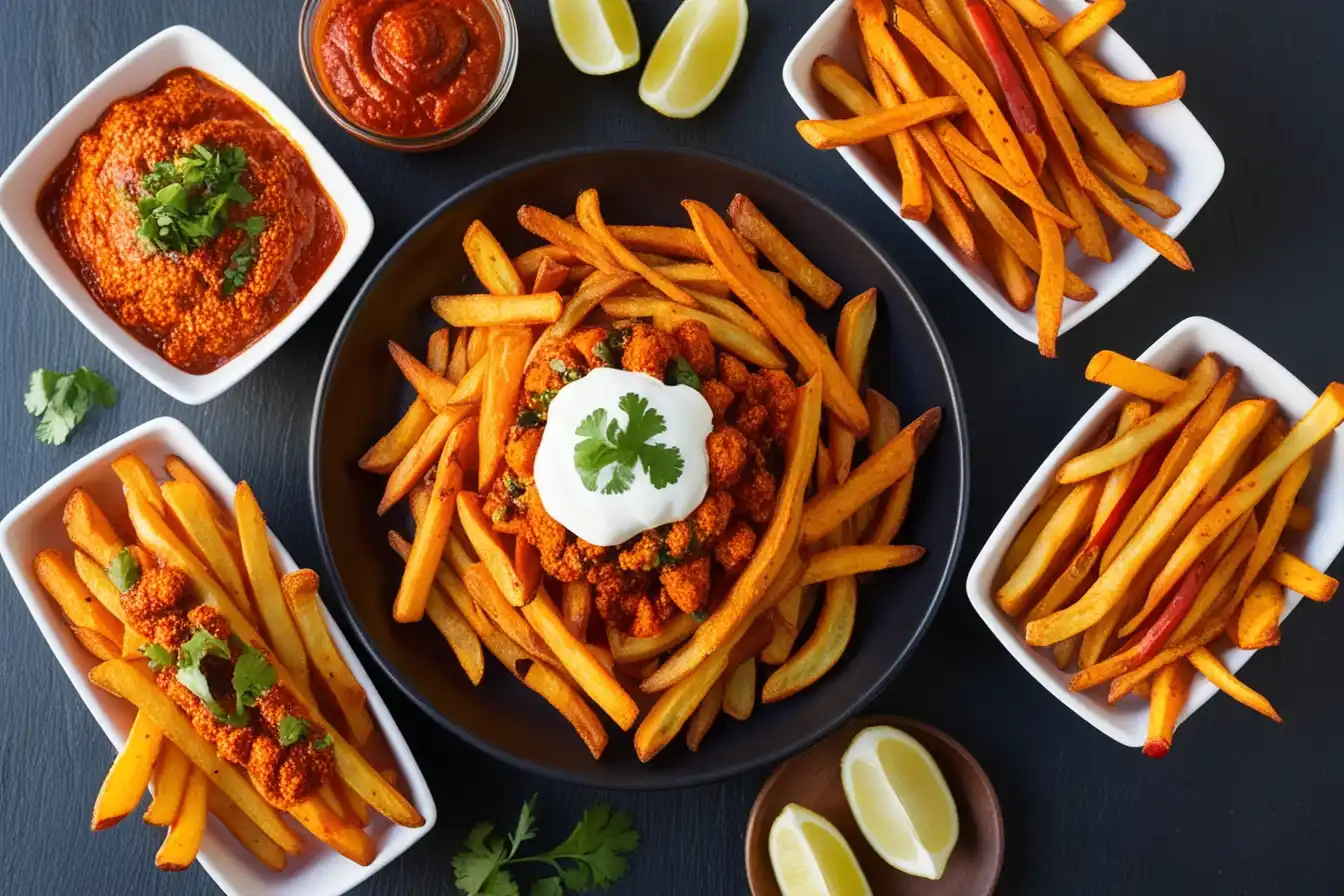 A plate of crispy, golden hot fries topped with melted cheese, jalapeños, and a spicy seasoning mix, perfect for snacking.