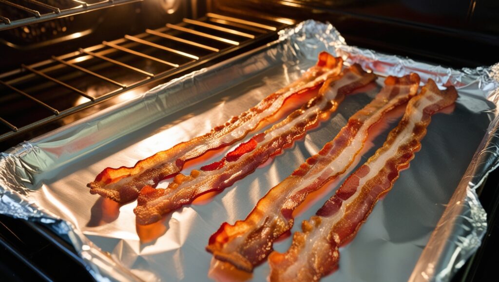 Perfectly crispy oven-baked bacon on a baking sheet lined with aluminum foil, ready to be served.