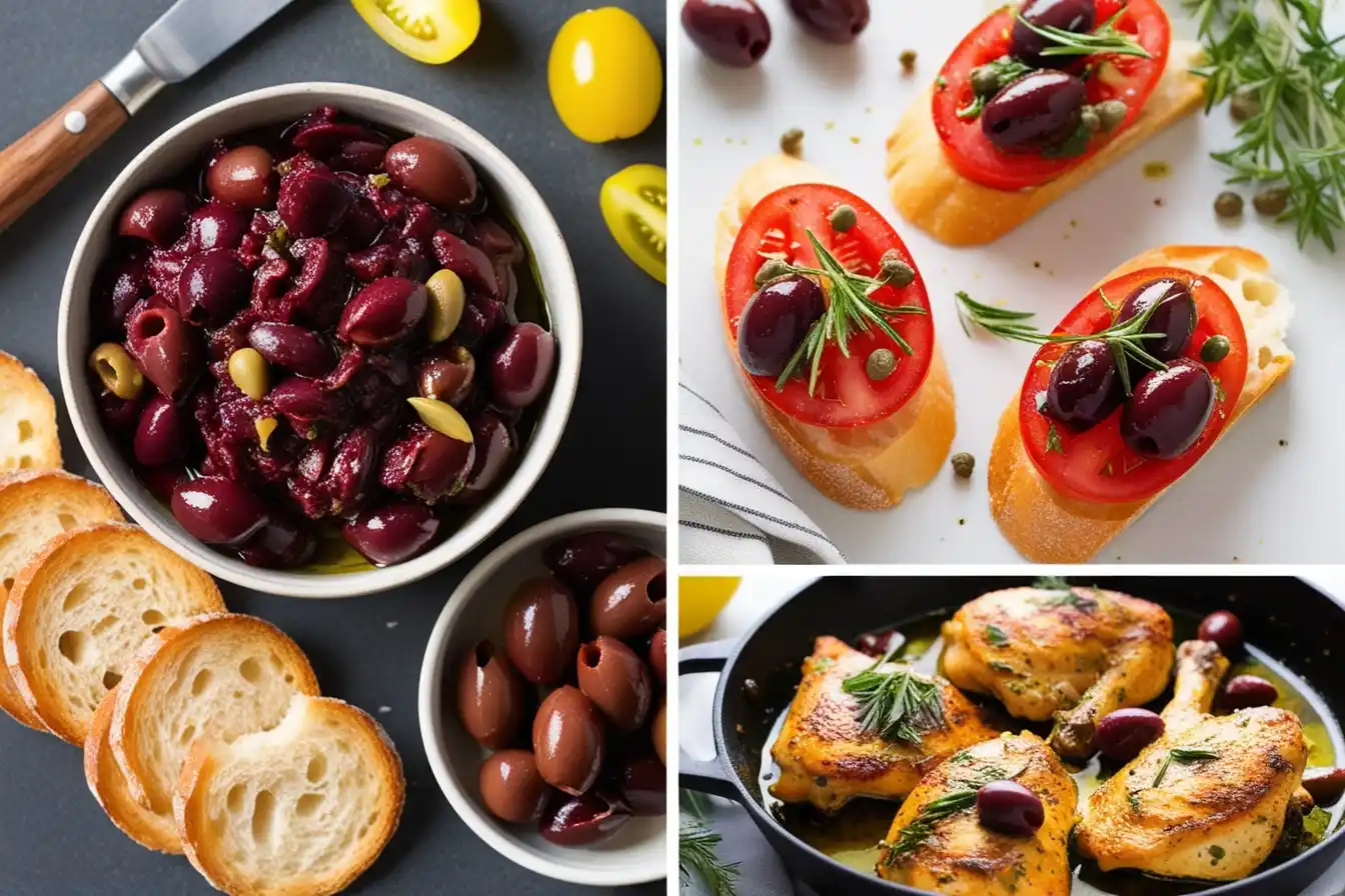 A selection of Mediterranean dishes made with kalamata olives, including Greek salad, olive tapenade, focaccia bread, and pasta with olives.