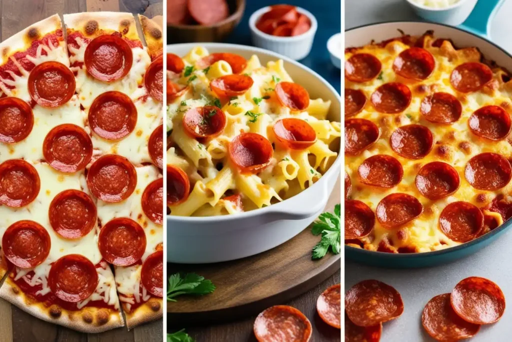 A variety of delicious pepperoni dishes, including pizza, stuffed mushrooms, and pasta, ready to serve.