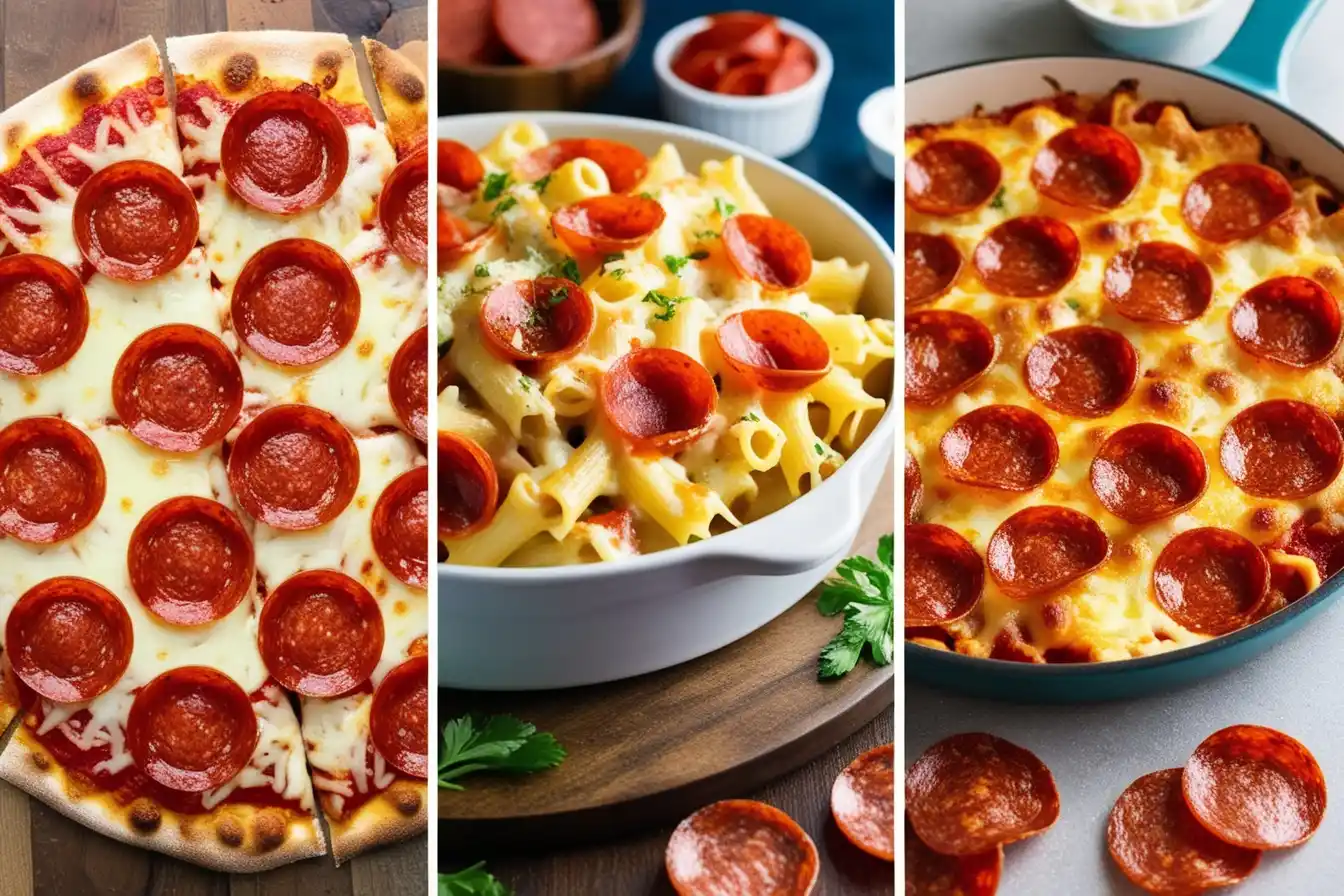 A variety of delicious pepperoni dishes, including pizza, stuffed mushrooms, and pasta, ready to serve.