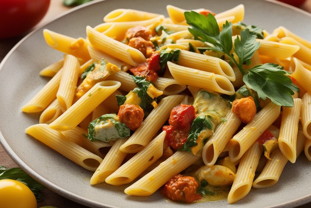 A delicious plate of penne pasta served with a rich tomato sauce, garnished with fresh herbs and Parmesan cheese.