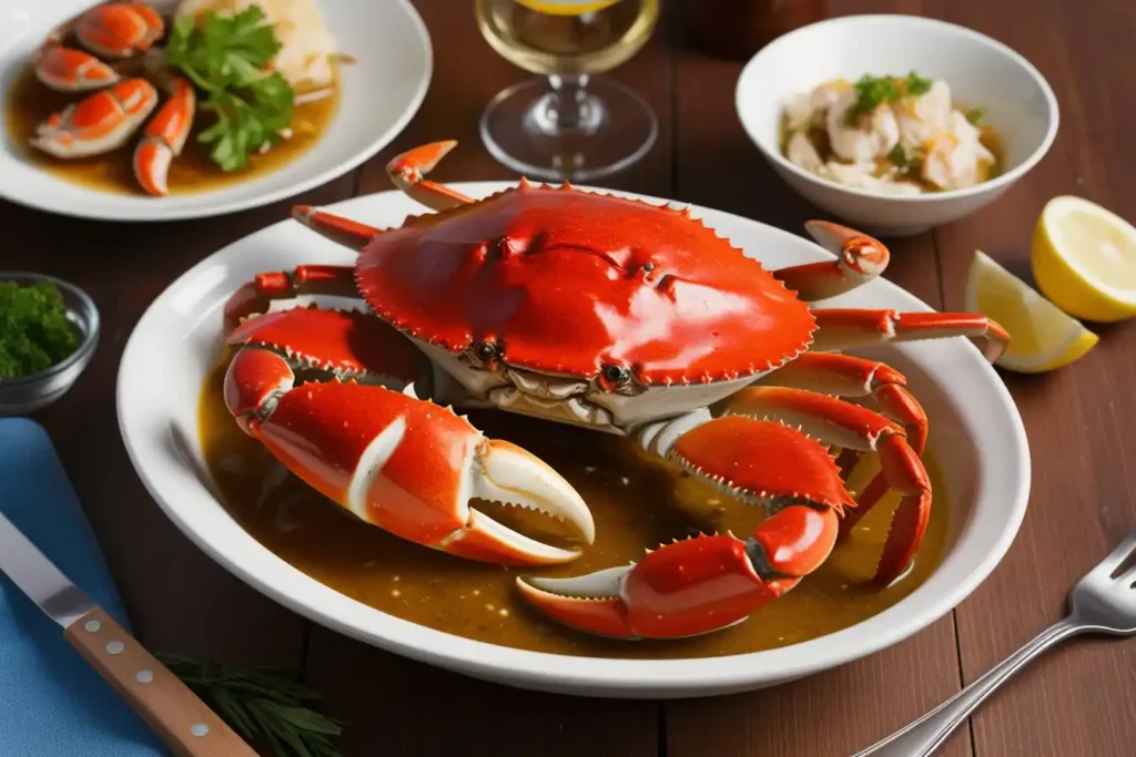 A vibrant platter of red crab legs served with lemon wedges, corn, and parsley on a rustic wooden table.