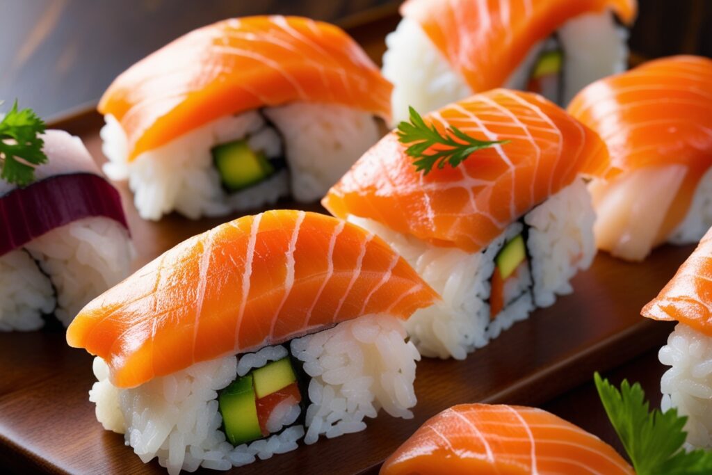 Homemade sushi topped with fresh salmon, served with soy sauce, wasabi, and pickled ginger on a bamboo mat.
