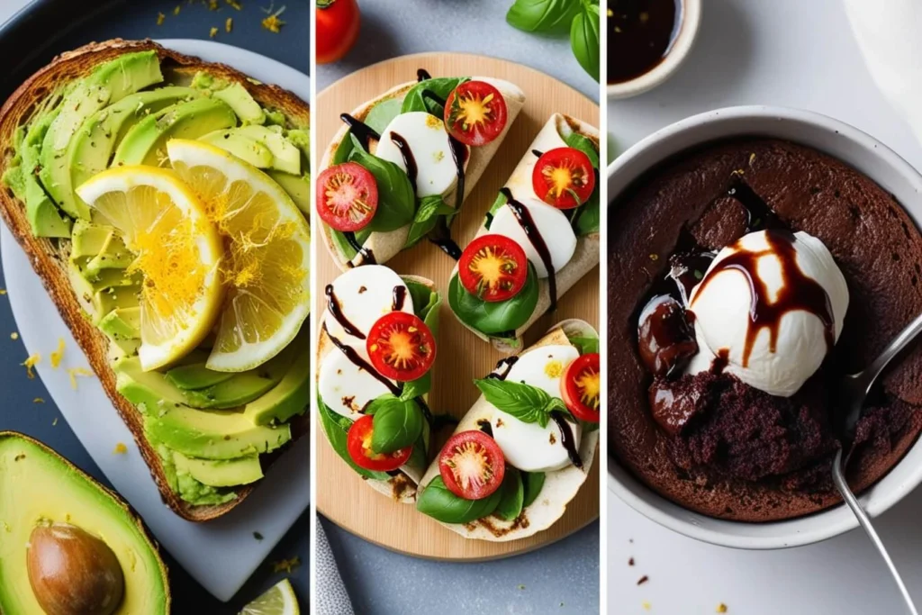 Assortment of quick 5-minute recipes including avocado toast, yogurt parfait, and garlic butter shrimp, displayed on a wooden table.