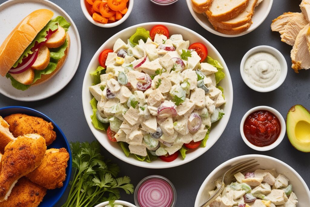 Homemade Chicken Salad Chick recipe served in a bowl with fresh ingredients like celery, chicken, and mayo.