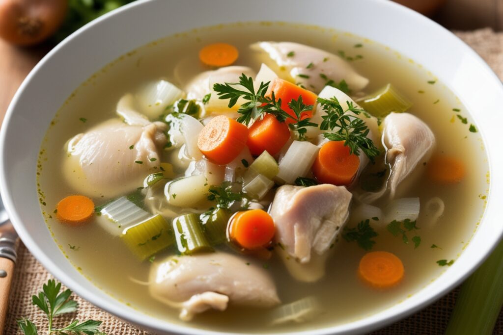 Homemade chicken bouillon simmering in a pot with vegetables and herbs, creating a rich, flavorful broth.