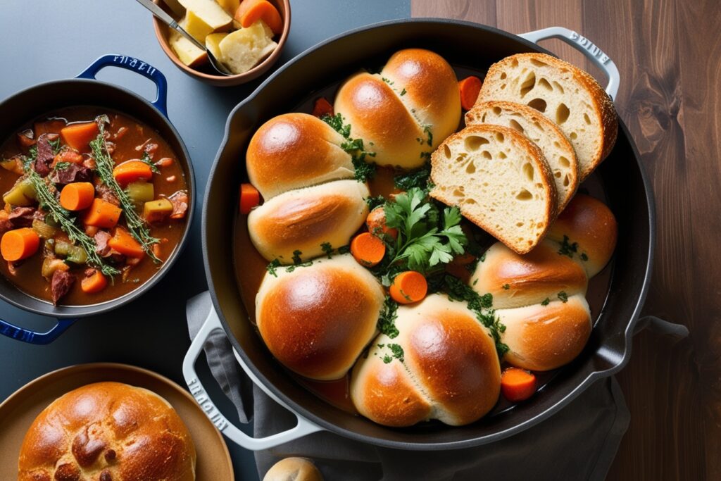 A hearty and comforting Dutch Oven Beef Stew with tender beef, vegetables, and rich broth, served in a rustic Dutch oven.