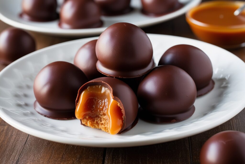 A close-up shot of homemade Milk Duds, showcasing their glossy chocolate coating and chewy caramel centers. The candies are perfectly shaped into small, bite-sized treats, arranged on a parchment-lined tray. A few candies are cut open, revealing the gooey caramel inside, with a slight sheen that highlights their irresistible texture.