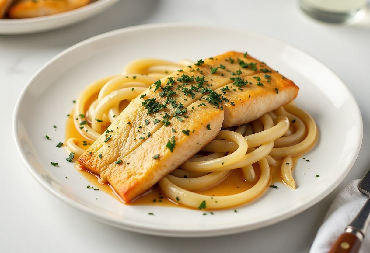 Freshly cooked Branzino fish garnished with lemon slices, fresh herbs, and vegetables on a rustic wooden plate.