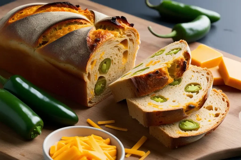 Freshly baked vegan jalapeno cheddar artisan bread with a golden crust, showing slices filled with vegan cheese and jalapeno bits.