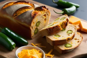 Freshly baked vegan jalapeno cheddar artisan bread with a golden crust, showing slices filled with vegan cheese and jalapeno bits.