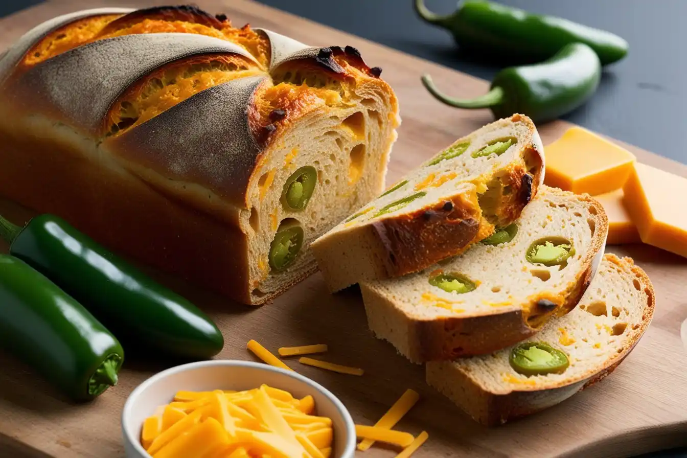 Freshly baked vegan jalapeno cheddar artisan bread with a golden crust, showing slices filled with vegan cheese and jalapeno bits.