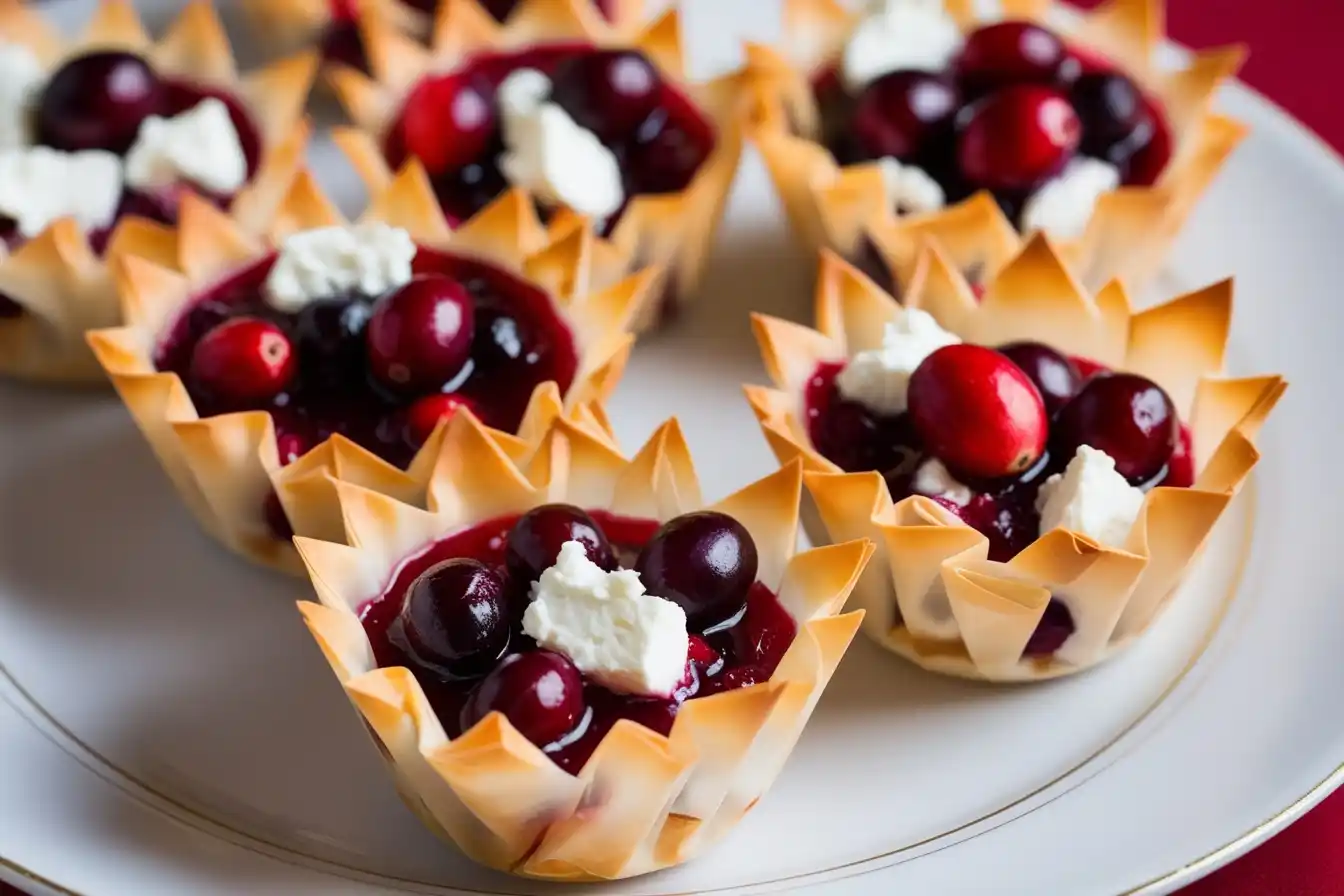 Close-up of cranberry goat cheese phyllo cups, featuring golden flaky dough, vibrant cranberry topping, and creamy goat cheese, served as a festive Thanksgiving appetizer.