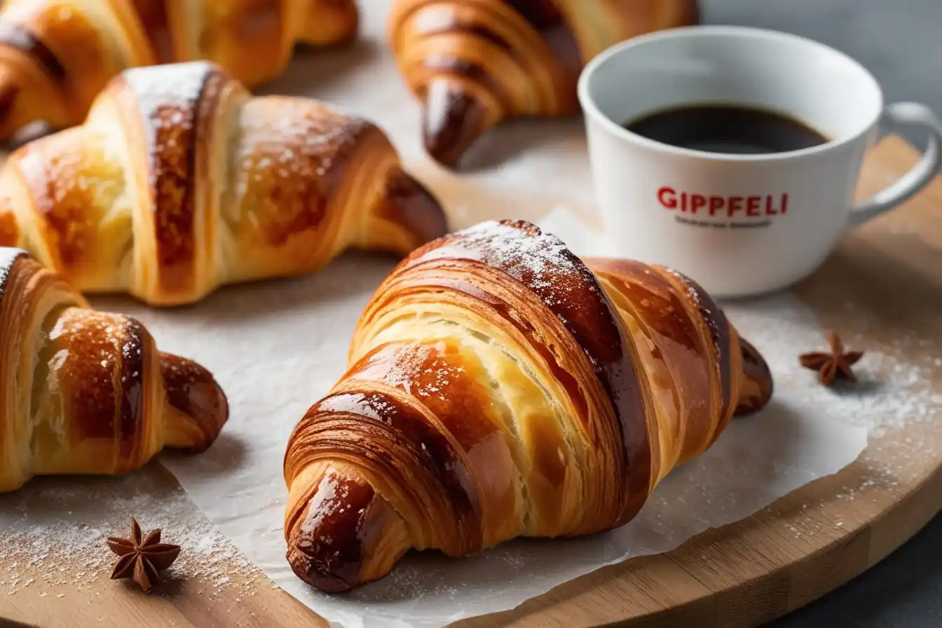 A plate of freshly baked Swiss Gipfeli with a golden, flaky crust, served on a wooden table with a cup of coffee.