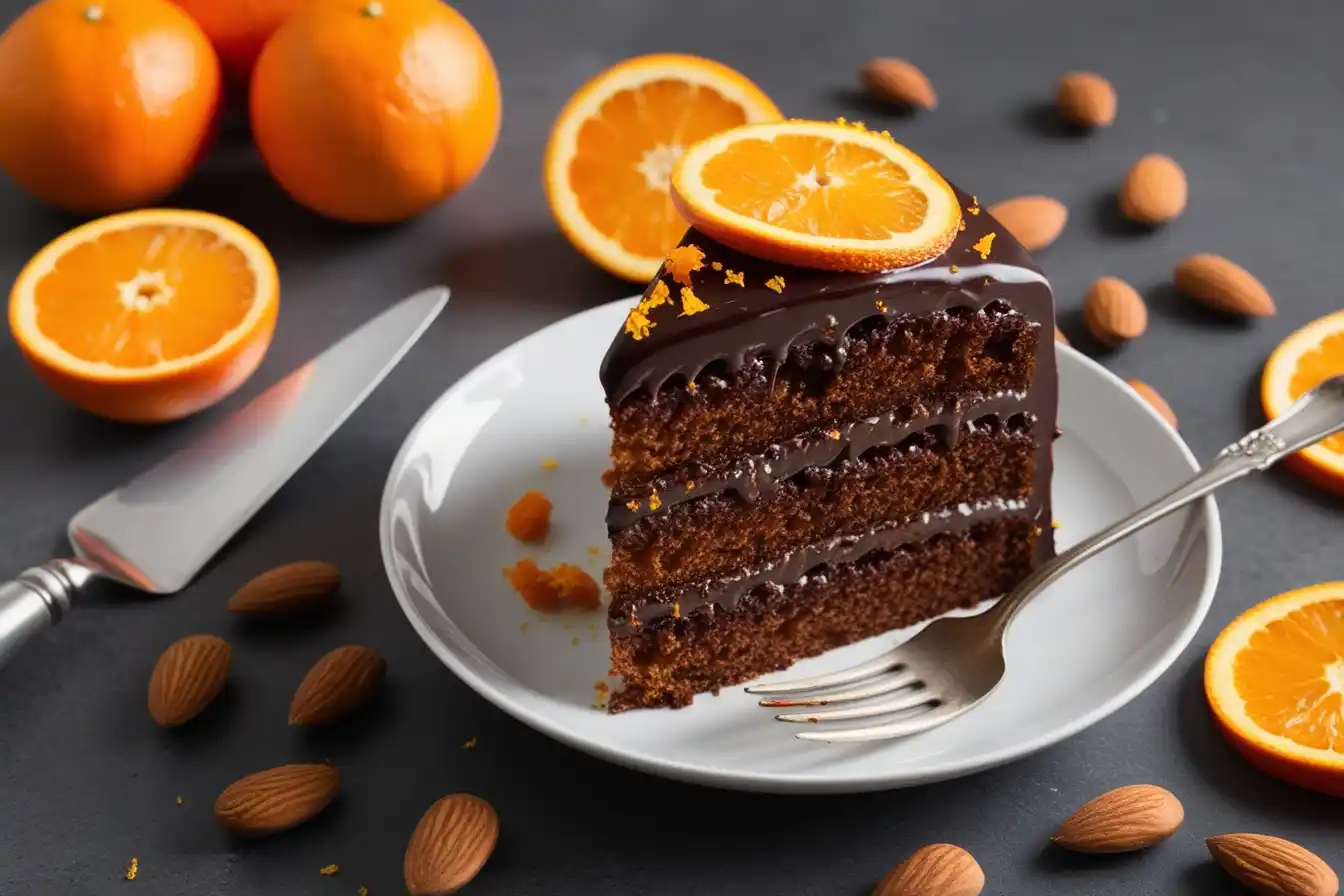 A rich and moist chocolate orange almond cake with a glossy chocolate glaze, garnished with orange zest and almond slices, served on a rustic plate.