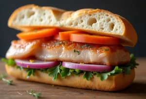 A freshly prepared Matjesbrötchen sandwich with pickled herring, onions, and fresh herbs served in a crusty German roll.