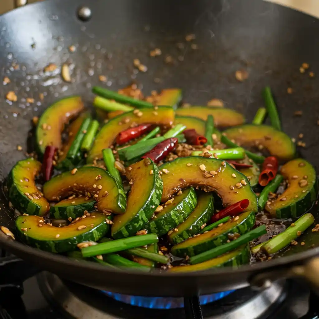 A wok filled with Indian Spiced Green Pumpkin Stir-Fry (Sabzi) with visible pumpkin, spices, and green onions.