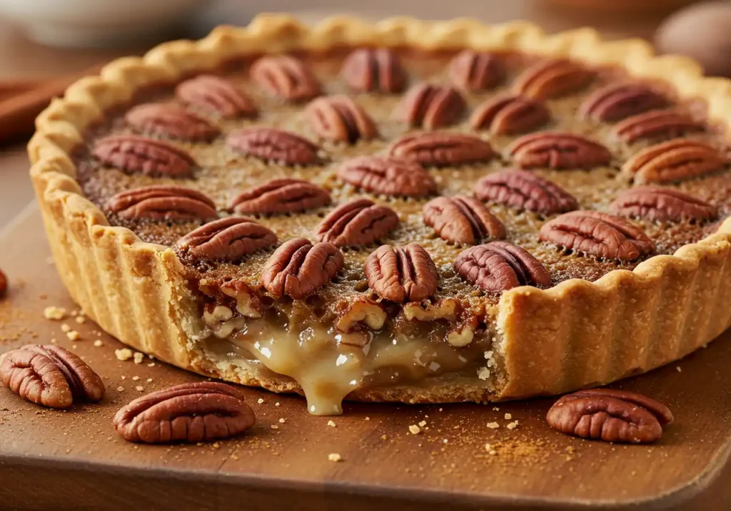 Overhead view of a pecan tart with a slice cut out, revealing a gooey caramel filling, on a wooden serving board.