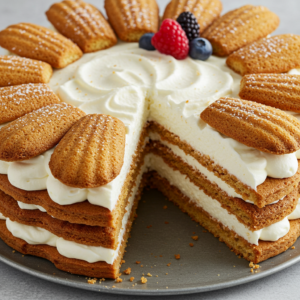 Layered cream cake decorated with madeleine cookies, sliced to show layers and cream filling.