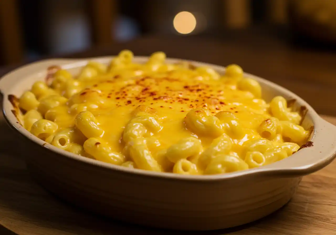 Dish of baked Tini Mac and Cheese with a golden cheese topping.