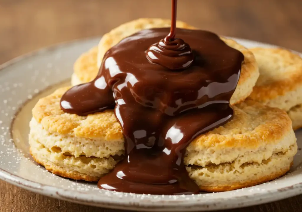 Chocolate gravy being poured over biscuits on a plate, showing the rich texture.