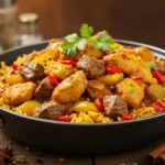 Rice dish with chicken, beef, red peppers, and spices in a dark pan, garnished with cilantro.