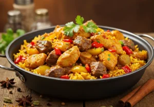 Rice dish with chicken, beef, red peppers, and spices in a dark pan, garnished with cilantro.