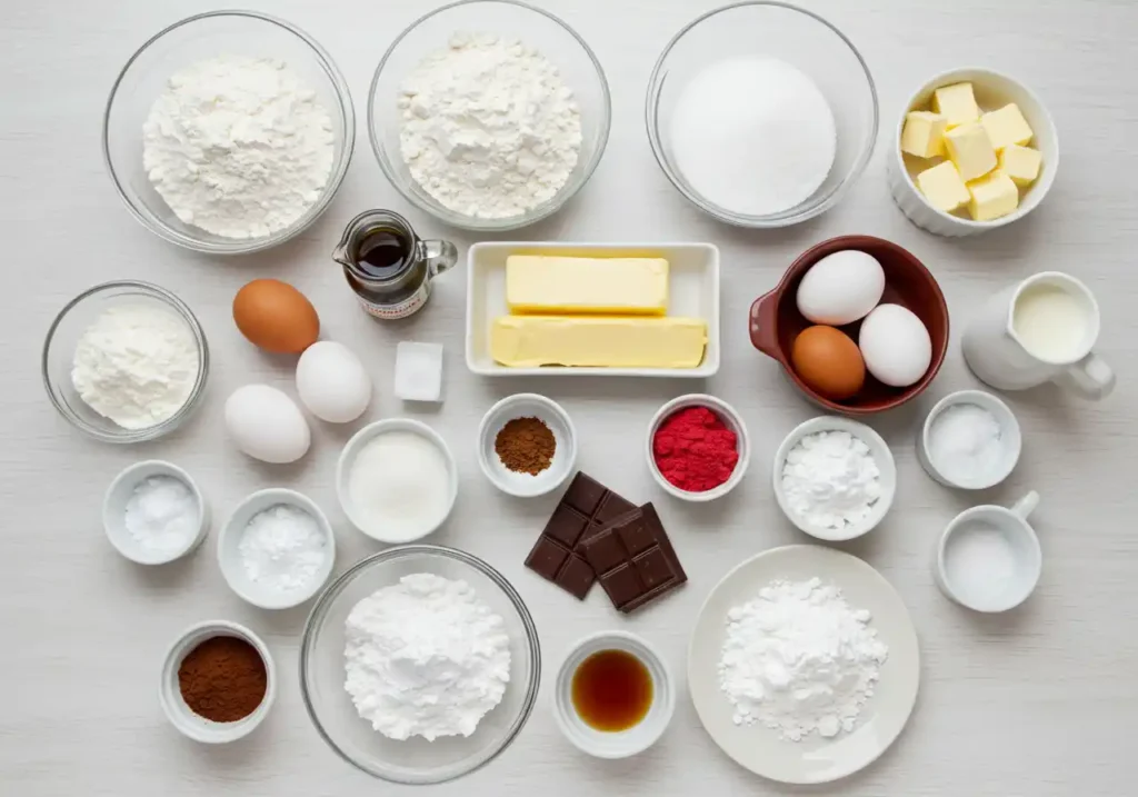 Overhead view of ingredients : flour, sugar, butter, eggs, milk, chocolate, and other baking ingredients.