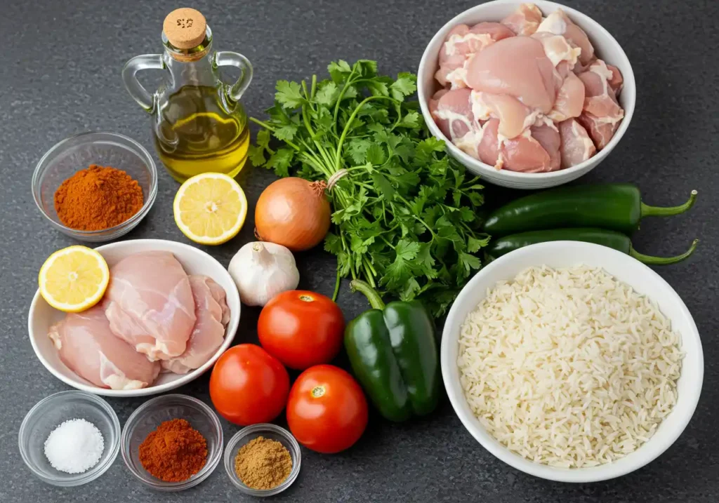 Ingredients for a chicken and rice dish: chicken thighs, rice, tomatoes, peppers, onion, garlic, lemon, spices, and olive oil.